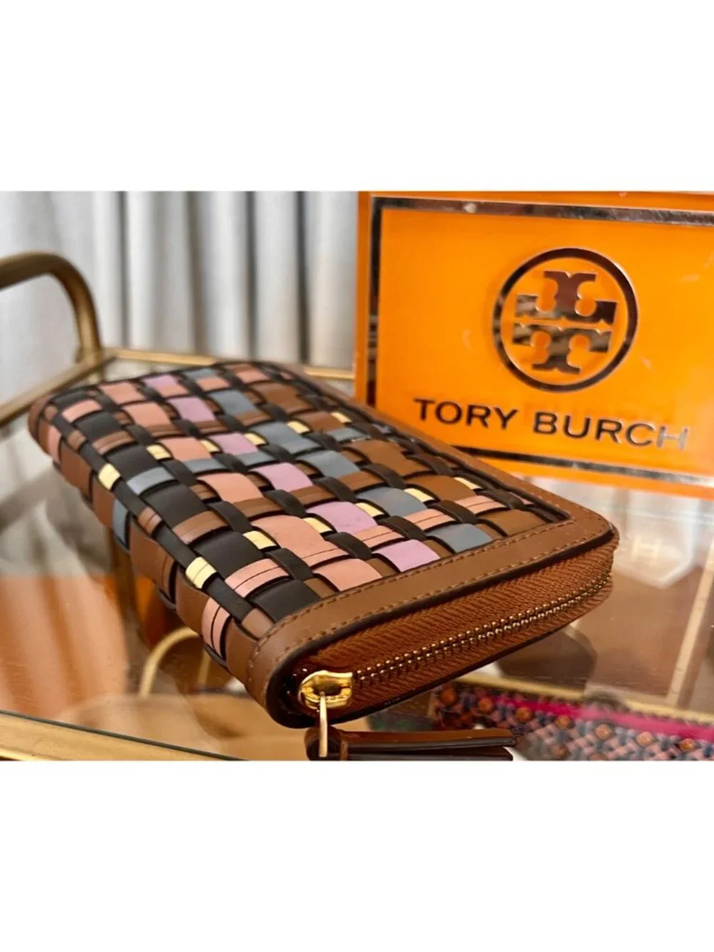 Tory Burch Womens Woven Leather Zip Wallet Multicolor Compact Design Brown Pink